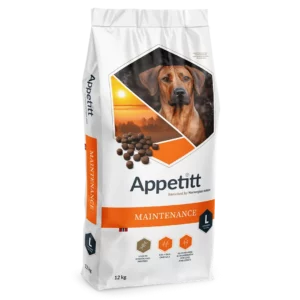 Hundefor: Appetitt Maintenance Large 12kg, hvit og oransje sekk, brun hund