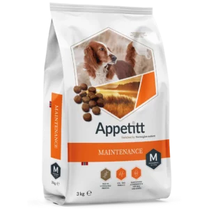 Hundefor: Appetitt Maintenance Medium 3kg, hvit og oransje sekk, hvit og brun hund
