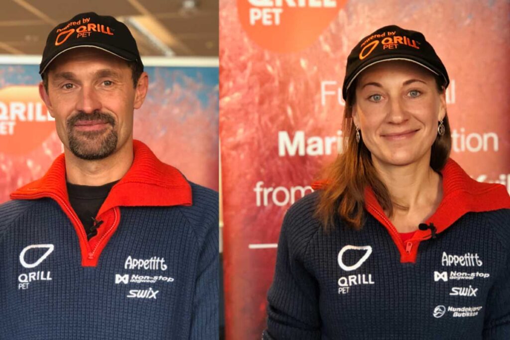 Fotomontage: Långdistanshundlöparna Thomas Wærner (vänster) och Marit Beate Kasin (höger) poserar iklädda grå och röda stickade tröjor med sponsorlogotyper, inklusive Appetitt.